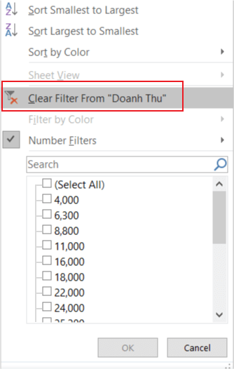 Sau khi lọc dữ liệu trong excel xong, để xóa bộ lọc cho 1 cột, chọn biểu tượng mũi tên hướng xuống chọn Clear Filter