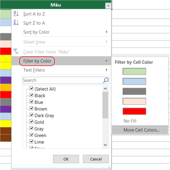 Cách Lọc Màu Trong Excel: Để lọc theo màu ô, chọn Filter by Color