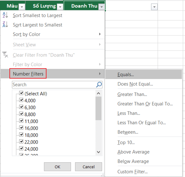 Cách Lọc Dữ Liệu Trong Excel Với Dữ Liệu Dạng Số