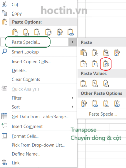 Cách Copy Chuyển Đổi Các Hàng Thành Các Cột Trong Excel