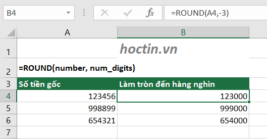 cách làm tròn số trong Excel: làm tròn số tiền đến hàng nghìn trong Excel dùng hàm ROUND
