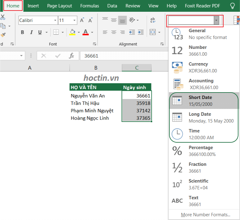 Cách Thay Đổi Định Dạng Ngày Tháng Trong Excel Bằng Tab Home và Number Formats