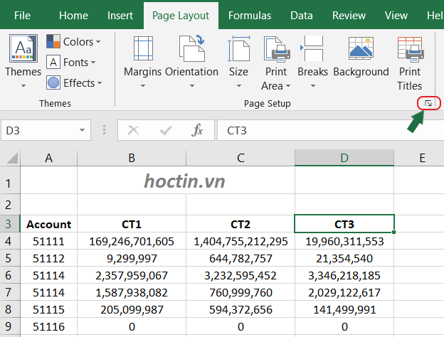 Cách mở Page Setup trong tab Page Layout để đánh số trang trong Excel