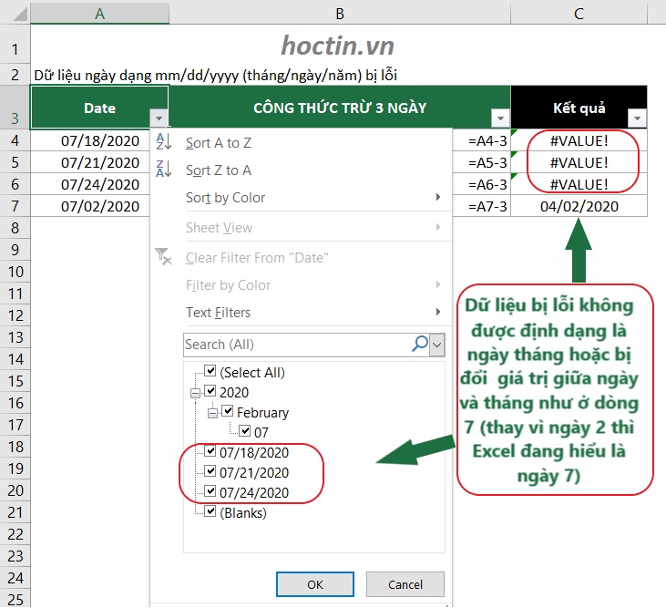 Đôi khi bạn copy dữ liệu ngày tháng từ một tệp khác mà Excel không nhận diện chúng là ngày tháng do định dạng dưới dạng văn bản hoặc nhầm lẫn thông tin giữa ngày và tháng dẫn đến lỗi dữ liệu ngày tháng trong Excel