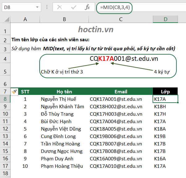ví dụ cách sử dụng hàm MID hàm lấy ký tự bất kỳ trong Excel