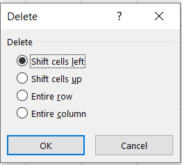 Shift cells left: Xóa ô đang chọn và kéo dữ liệu sang trái