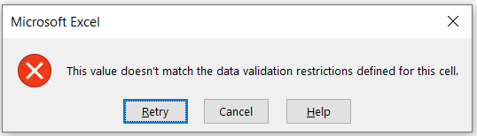 Nếu bạn nhập dữ liệu đầu vào không được phép khi dùng Data Validation, Excel sẽ hiển thị thông báo lỗi