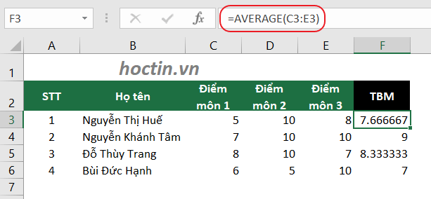 Cách sử dụng hàm AVERAGE làm công thức tính điểm trung bình trong Excel