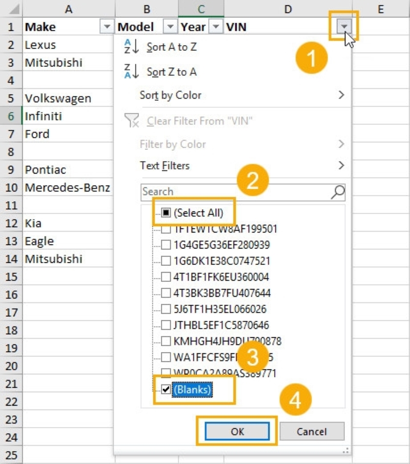 bỏ chọn Select All và chọn tùy chọn Blanks