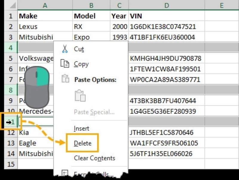 Chọn Delete từ menu hiển thị để xóa các dòng đã chọn