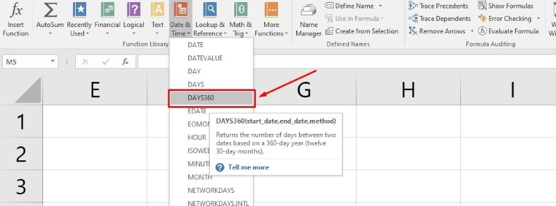 Chọn hàm DAYS360 trong menu Date&Time