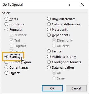 chọn tùy chọn Blanks và nhấn OK