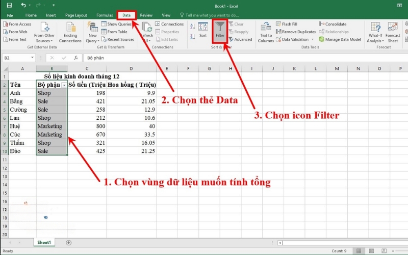 chọn vùng dữ liệu muốn tính tổng và chọn Filter