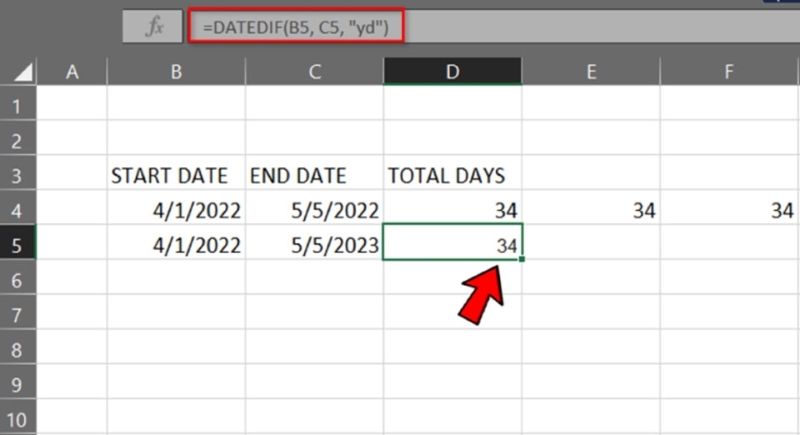 cách tính số ngày bỏ qua năm trong hàm DATEDIF