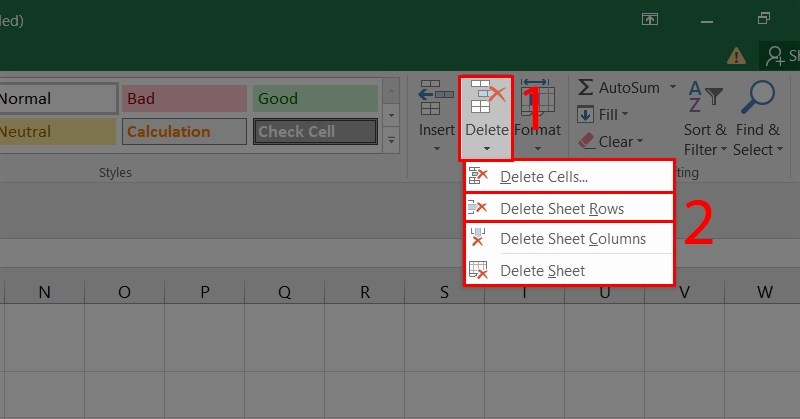 chọn Delete Sheet Rows từ menu xổ xuống để dòng trống