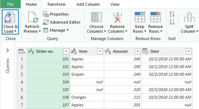 nhấn Close & Load để tải bảng kết quả vào Worksheet mới