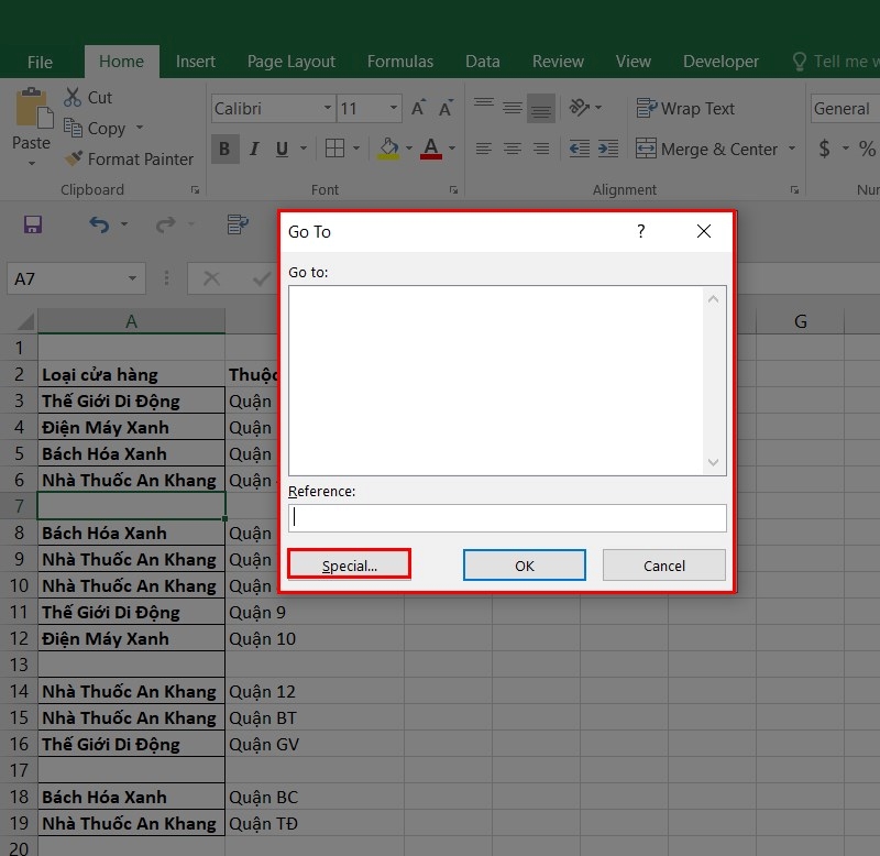 nhấn Ctrl + G để mở bảng Go To, sau đó chọn Special