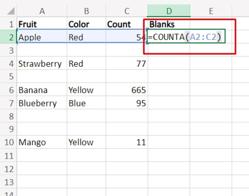 thêm cột Blanks và nhập công thức COUNTA