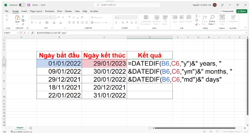 nhập công thức tính thời gian tích lũy bằng hàm datedif 