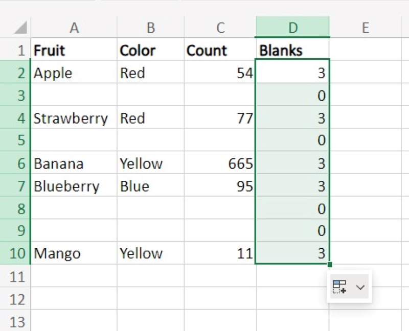 sao chép công thức xuống toàn bộ cột Blanks