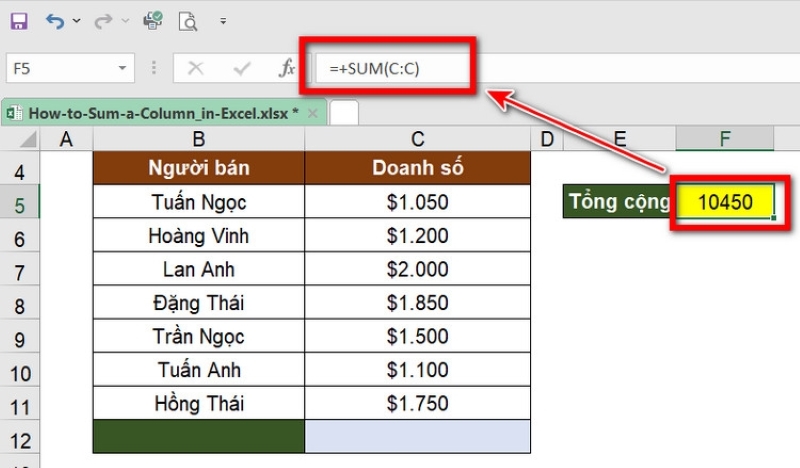 tính tổng trong Excel của một cột