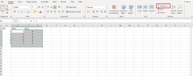 tính tổng kết hợp hàng và cột bằng AutoSum