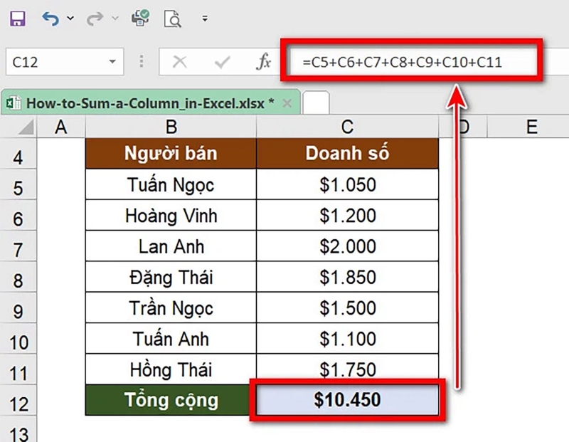 tính tổng trong Excel bằng công thức số học