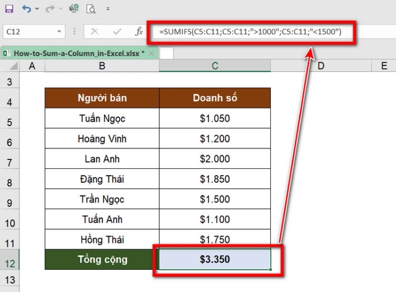 tính tổng trong Excel với nhiều điều kiện bằng hàm SUMIFS