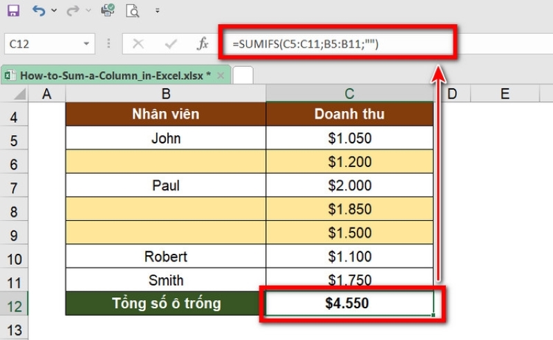 tính tổng trong Excel khi có một cột có ô trống