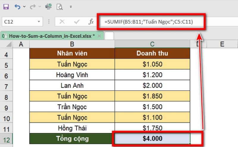 tính tổng trong Excel của một cột thông qua cột khác