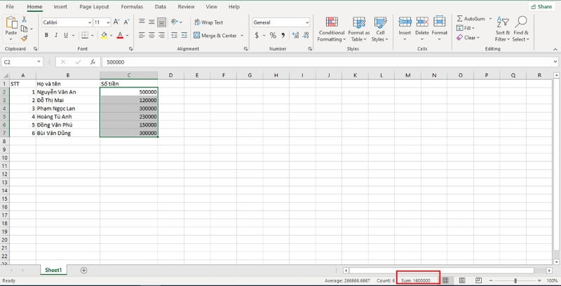 tính tổng trong Excel là thông qua thanh trạng thái