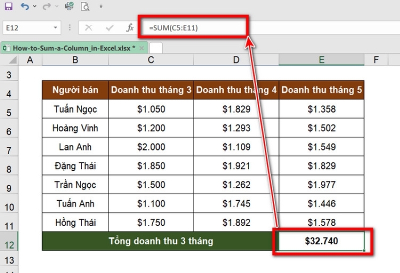 tính tổng trong Excel cho nhiều cột dữ liệu