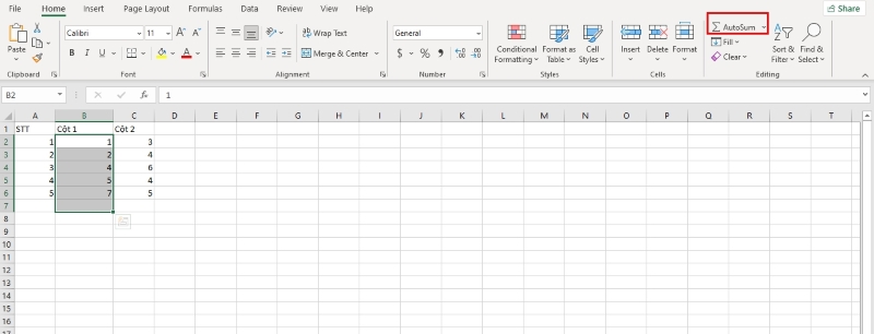 chọn AutoSum để tính tổng từng cột