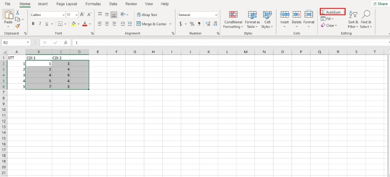 chọn AutoSum để tính tổng từng hàng
