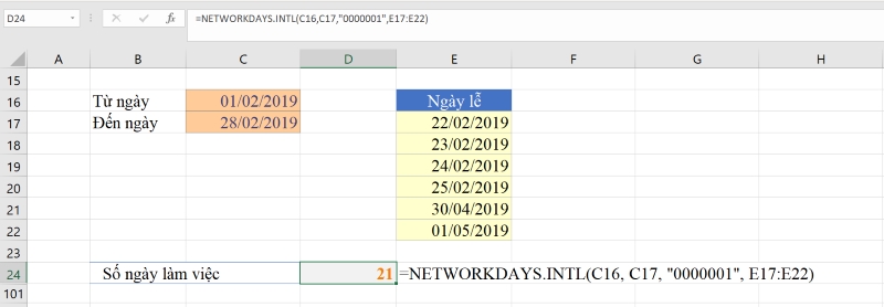 ví dụ cụ thể về hàm NETWORKDAYS.INTL