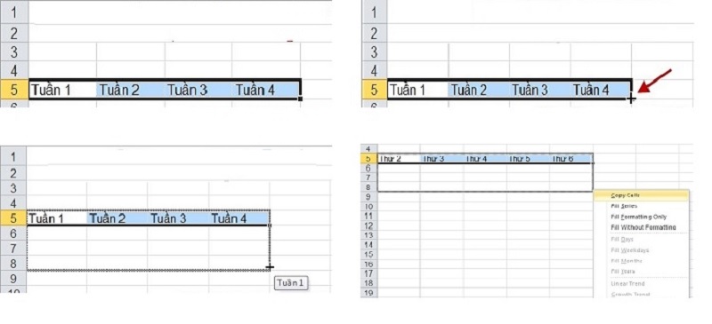 copy đơn giản trong excel bằng cách kéo thả chuột phải