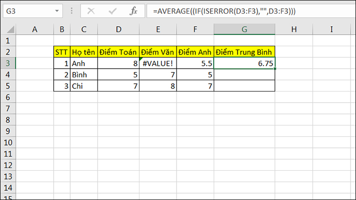 cách khắc phục lỗi #VALUE! khi dùng hàm AVERAGE