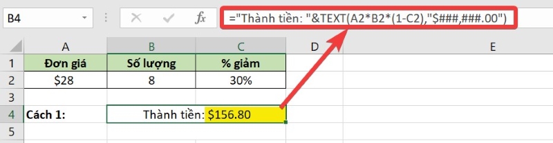 Dùng toán tử & để nối chuỗi ký tự với hàm TEXT