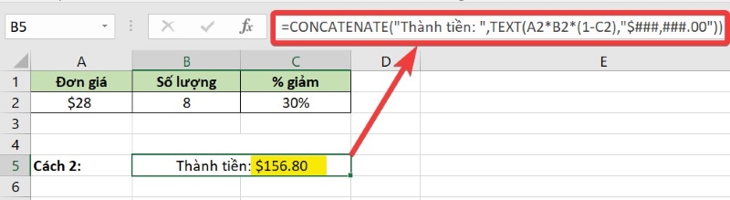 Dùng hàm CONCATENATE để nối chuỗi ký tự với hàm TEXT