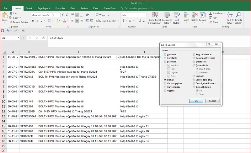 tích chọn Blanks và nhấn OK
