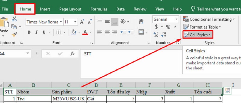 nhấn chọn Cell Styles