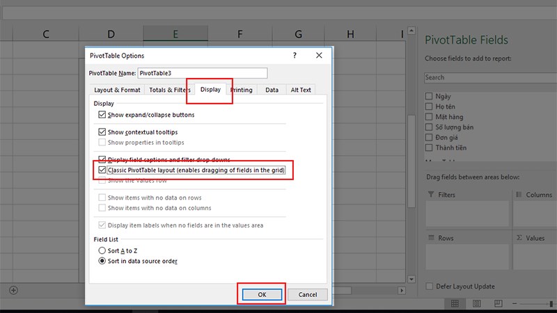 tick chọn vào mục Classic PivotTable layout (enables dragging of fields in the grid)