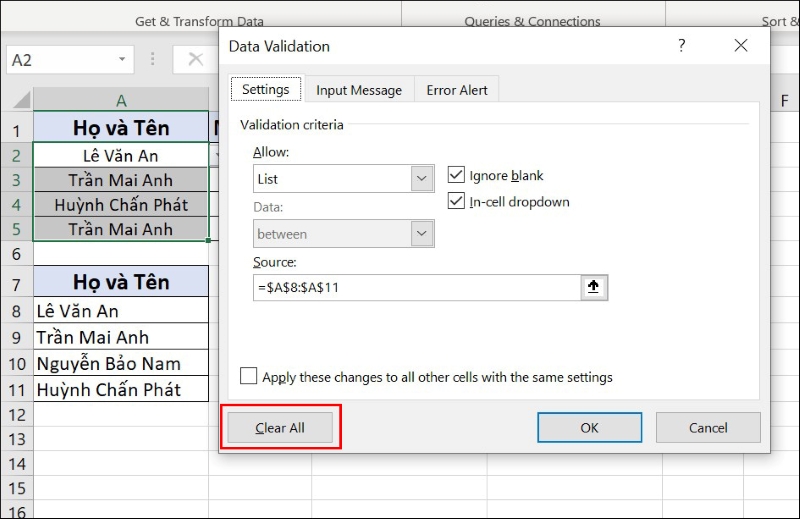 chọn Clear All để xóa bỏ toàn bộ định dạng Data Validation