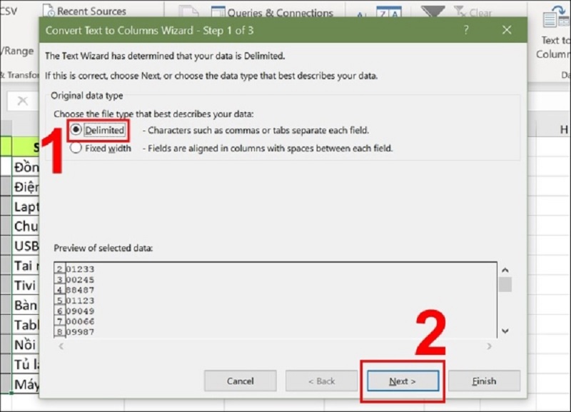 chọn Delimited và sau đó nhấn Next