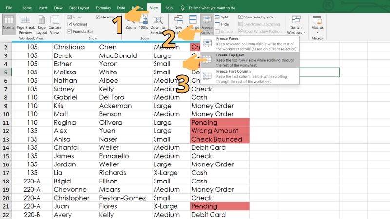 chọn tùy chọn Freeze Top Row