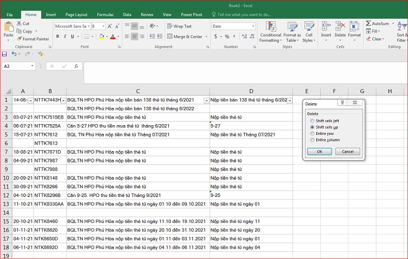 chọn Shift cells up hoặc Shift cells left