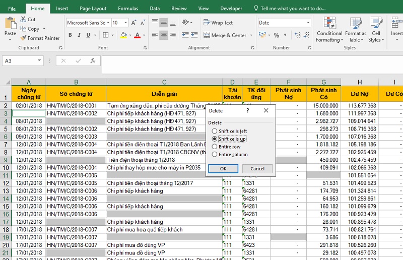 chọn Shift cells up hoặc Shift cells left