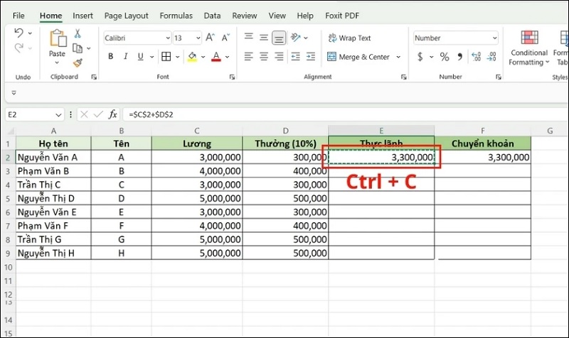 Chọn ô chứa công thức và nhấn tổ hợp phím Ctrl + C