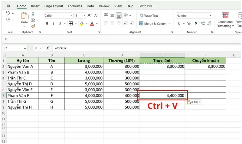 chọn ô muốn dán công thức và nhấn tổ hợp phím Ctrl + V