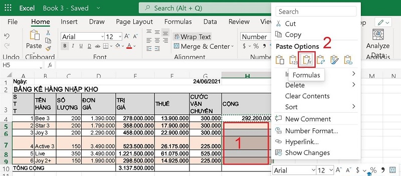 Click chuột phải vào ô muốn dán công thức và nhấn Fomulas